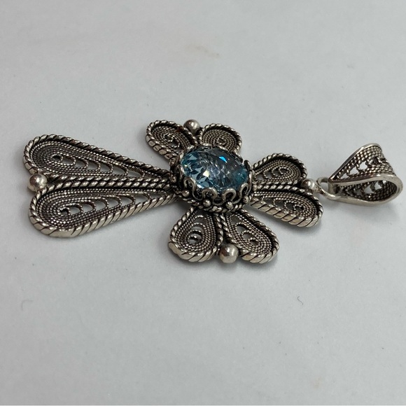 Vtg Sterling & Topaz Filigree Large Cross Pendant - DGS Turkey / 2.3” Length - Picture 5 of 11
